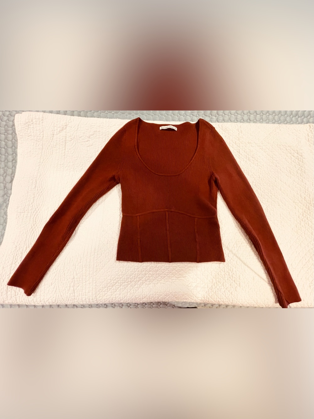 Abercrombie & Fitch Ribbed Scoop-Neck Long Sleeve Top Rust Brown Seam Panel Med